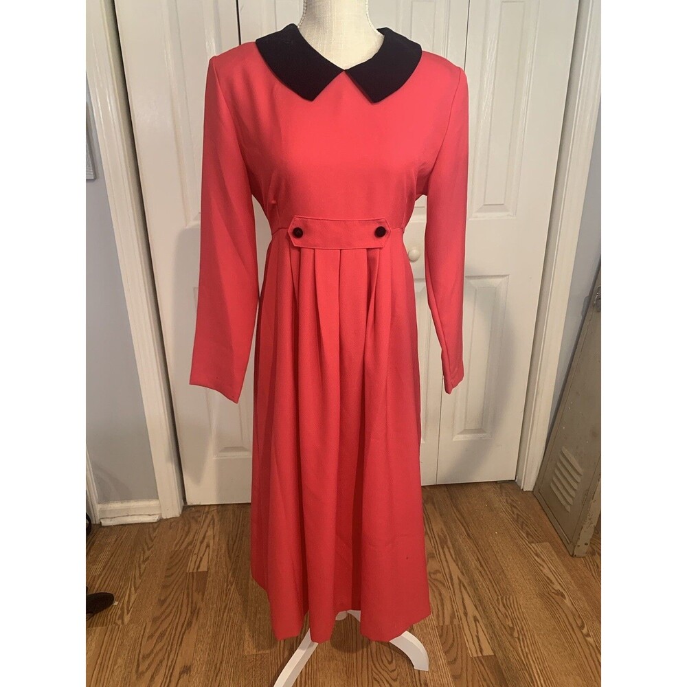 Vintage 90's EJM Petites Women's Red Dress with Velvet Collar Sz 12P
